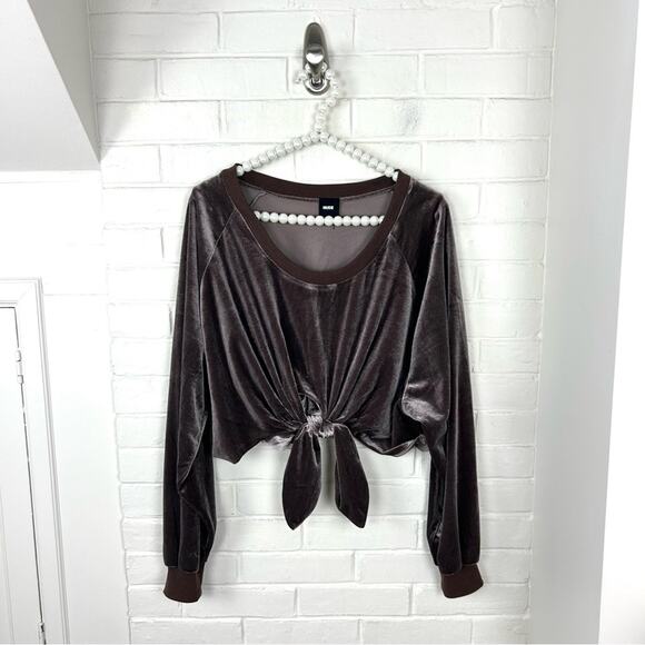 Nude Mocha Brown Velvet Tie Front Oversized Long Sleeve Crop Top Size S - Picture 1 of 10